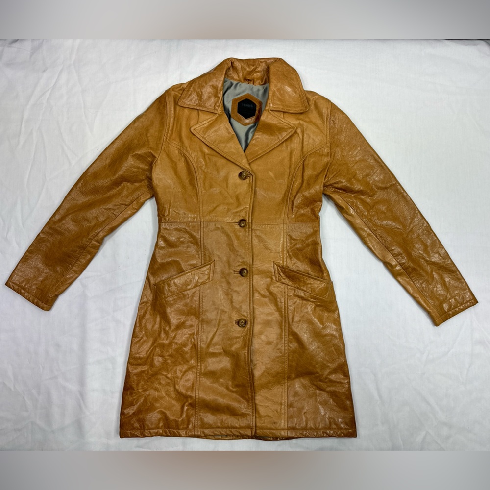 VTG TRANSMISSION WAXED LEATHER JACKET TRENCH COAT  LIGHT COGNAC BROWN XS